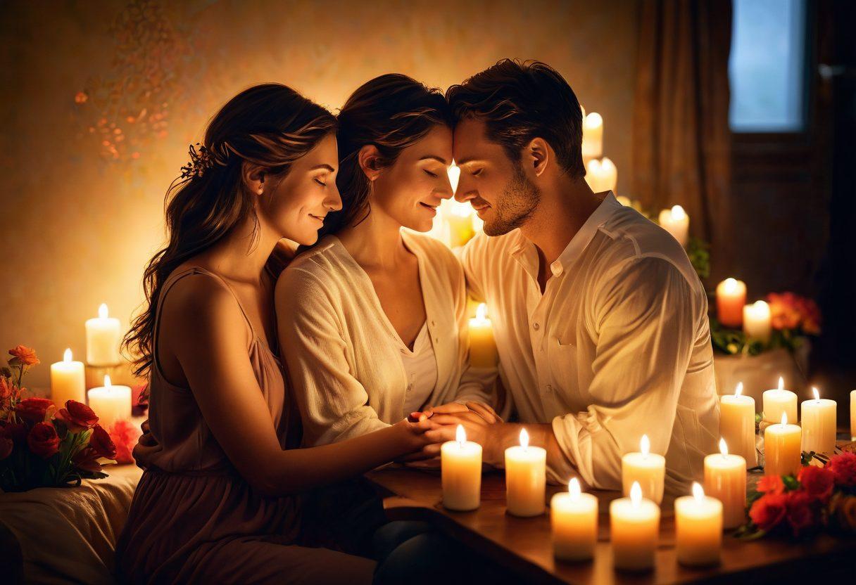 A heartfelt scene depicting a couple sharing a cozy moment, surrounded by elements symbolizing love and connection, like intertwined hands, glowing candles, and vibrant flowers. Include warm colors that evoke intimacy and tenderness, with soft lighting highlighting their expressions of joy and affection. Emphasize harmony and bond in their body language, reflecting deep emotional engagement. super-realistic. warm colors. soft focus.