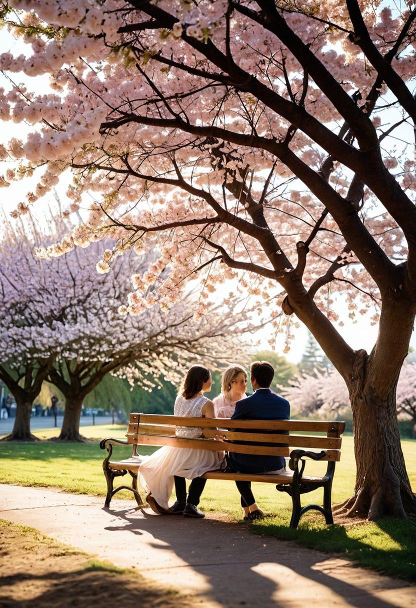 A serene setting depicting a couple sitting together on a bench, sharing a heartfelt conversation under a blooming cherry blossom tree, symbolizing trust and understanding. Soft, golden sunlight filters through the leaves, casting gentle shadows, while a subtle breeze rustles the petals around them. Include small, symbolic elements like intertwined rings on the bench and heart shapes in the background. super-realistic. warm colors. soft focus.