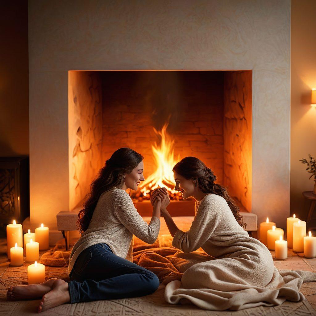 A warm, inviting scene of a couple sharing a heartfelt moment by a flickering fireplace, surrounded by glowing candles and soft plush pillows. Include symbolic elements like intertwined hands, a heart-shaped shadow cast by the flames, and a soft glow illuminating their smiling faces. The atmosphere should evoke feelings of love and intimacy, reinforced by a cozy room filled with soft textures and romantic decor. super-realistic. warm tones. soft focus.